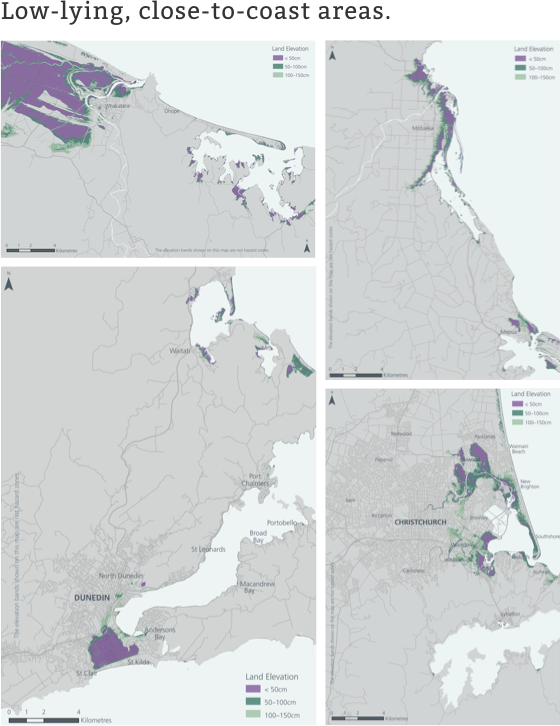 CLOCKWISE, FROM TOP LEFT: Whakatane, Motueka and Mapua, Christchurch, Dunedin. Purple indicates areas that are less than 50cm above mean high water springs, dark green indicates 50-100cm above high water springs. However, the elevation bands are not hazard zones and should not be interpreted as such. Local characteristics are also vitally important. For instance, a low-lying area may be protected by a headland or a sand dune. Maps for some urban areas are not available. PARLIAMENTARY COMMISSIONER FOR THE ENVRIONMENT.