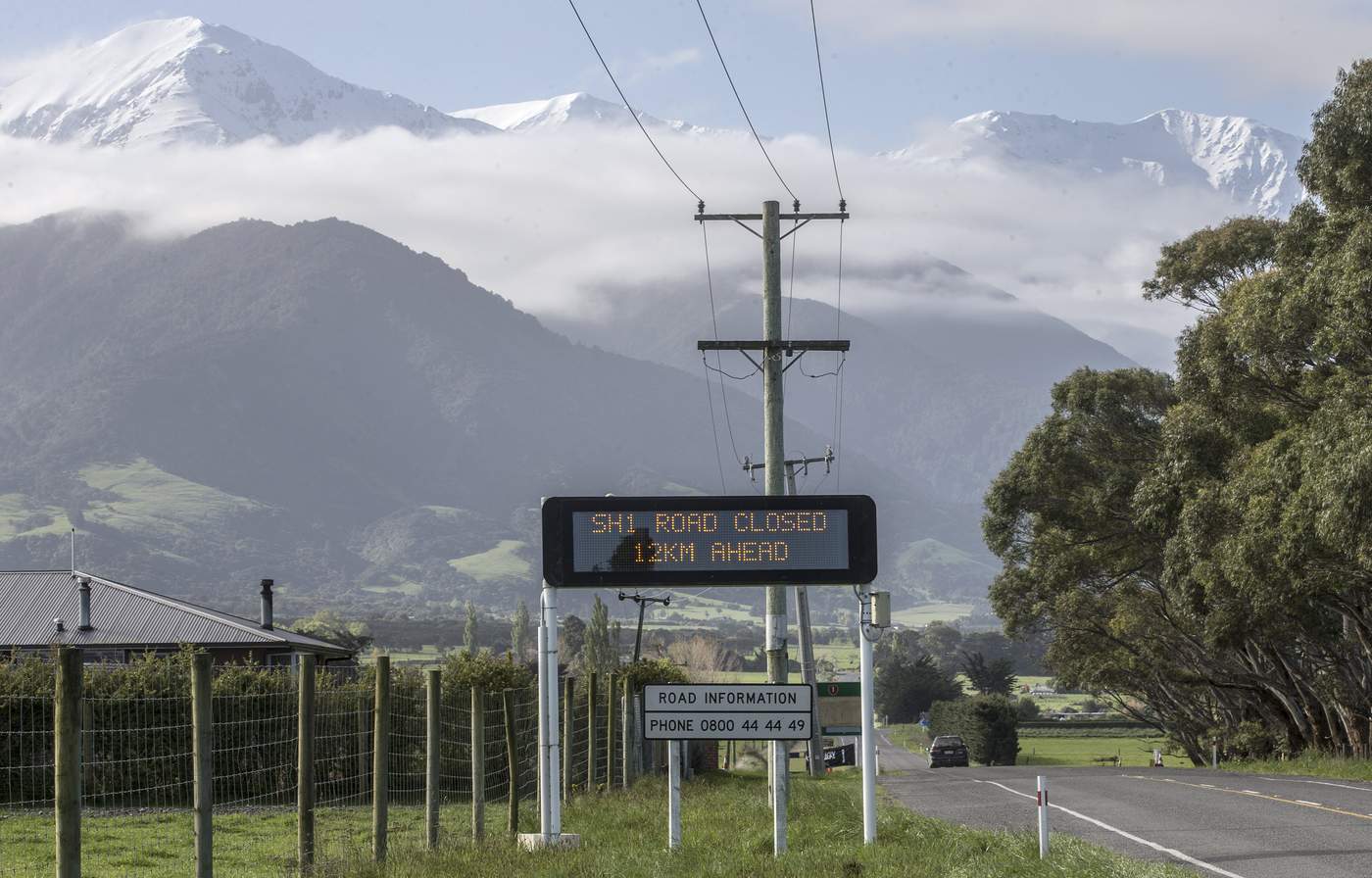 A road sign signalling the closed road in Kaikoura one year on from the earthquake. PHOTO: IAIN MCGREGOR