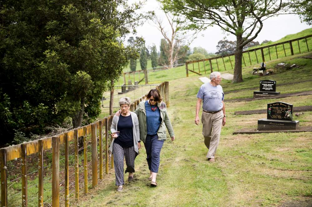 Margaret and Nelson Marshall and their daughter, Madelyn Stanton visit Nic&#39;s grave in Ohaupo. (CHRISTEL YARDLEY\/STUFF)