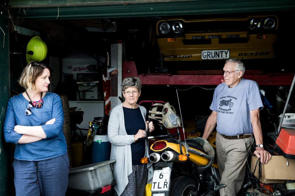 The Marshall family standing amongst items from Nic&#39;s workshop. (CHRISTEL YARDLEY\/STUFF)