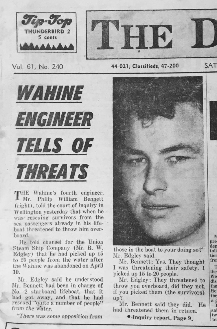 Bennett appeared on the front page of The Dominion, after testifying about the lifeboat mutiny to the court of inquiry. THE DOMINION POST