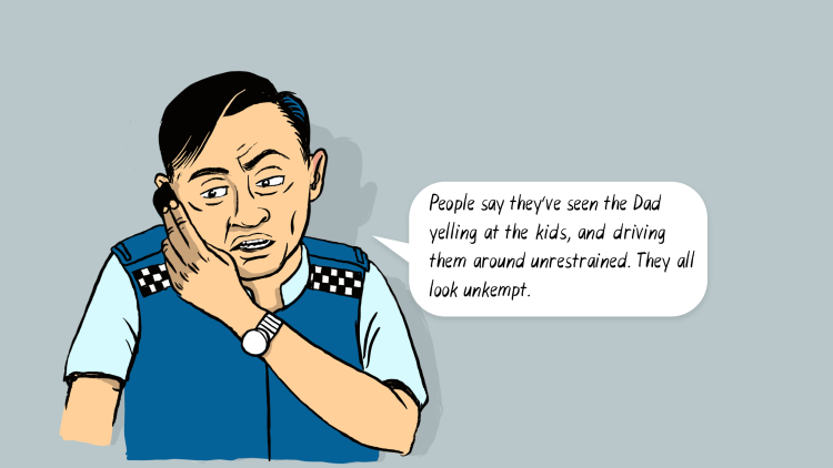 Policeman caller: People say they've seen the dad yelling at the kids, and driving them around unrestrained. They all look unkempt.
