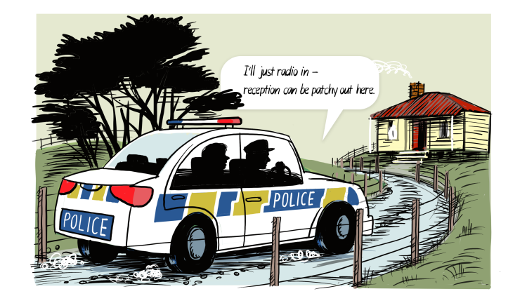 Policeman in car: I'll just radio in - reception can be patchy out here.