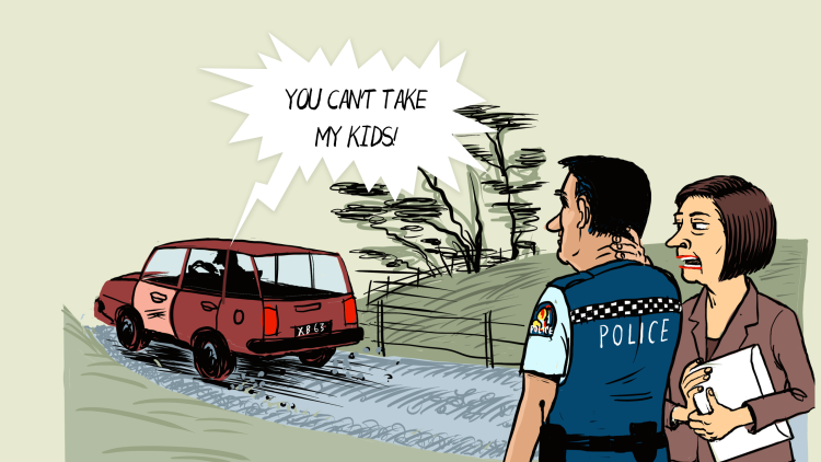 Fred driving off: You can't take my kids!