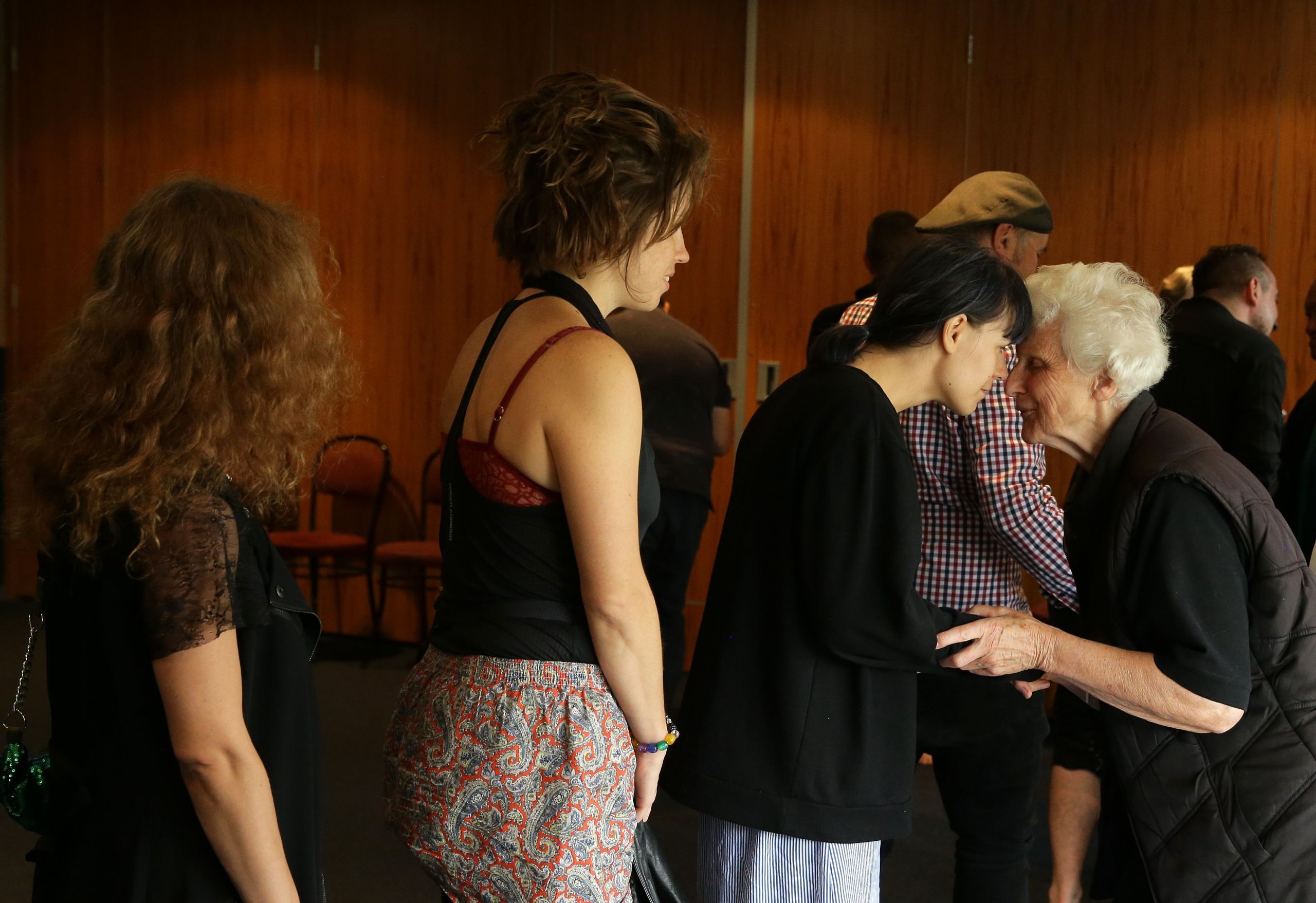Russian group Pussy Riot visits the Te Tomairangi Marae, in Invercargill, on Monday afternoon. Pictured from left, Maria "Masha" Alyokhina, Anastasia, and Diana hongi with Sister Judith Robinson, from Invercargill.