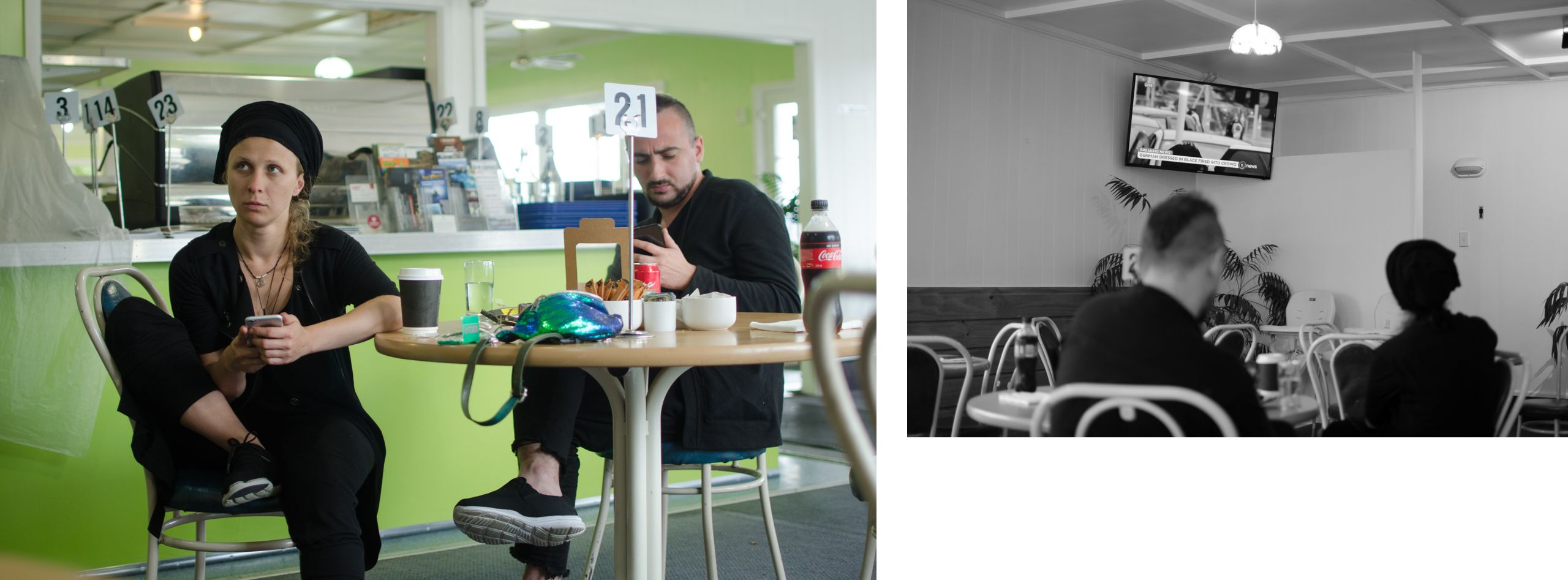 Masha Alyokhina and Dmitry Tsorionov watch news of the mosque shooting in Christchurch unfold from a Lewis Pass Cafe. 