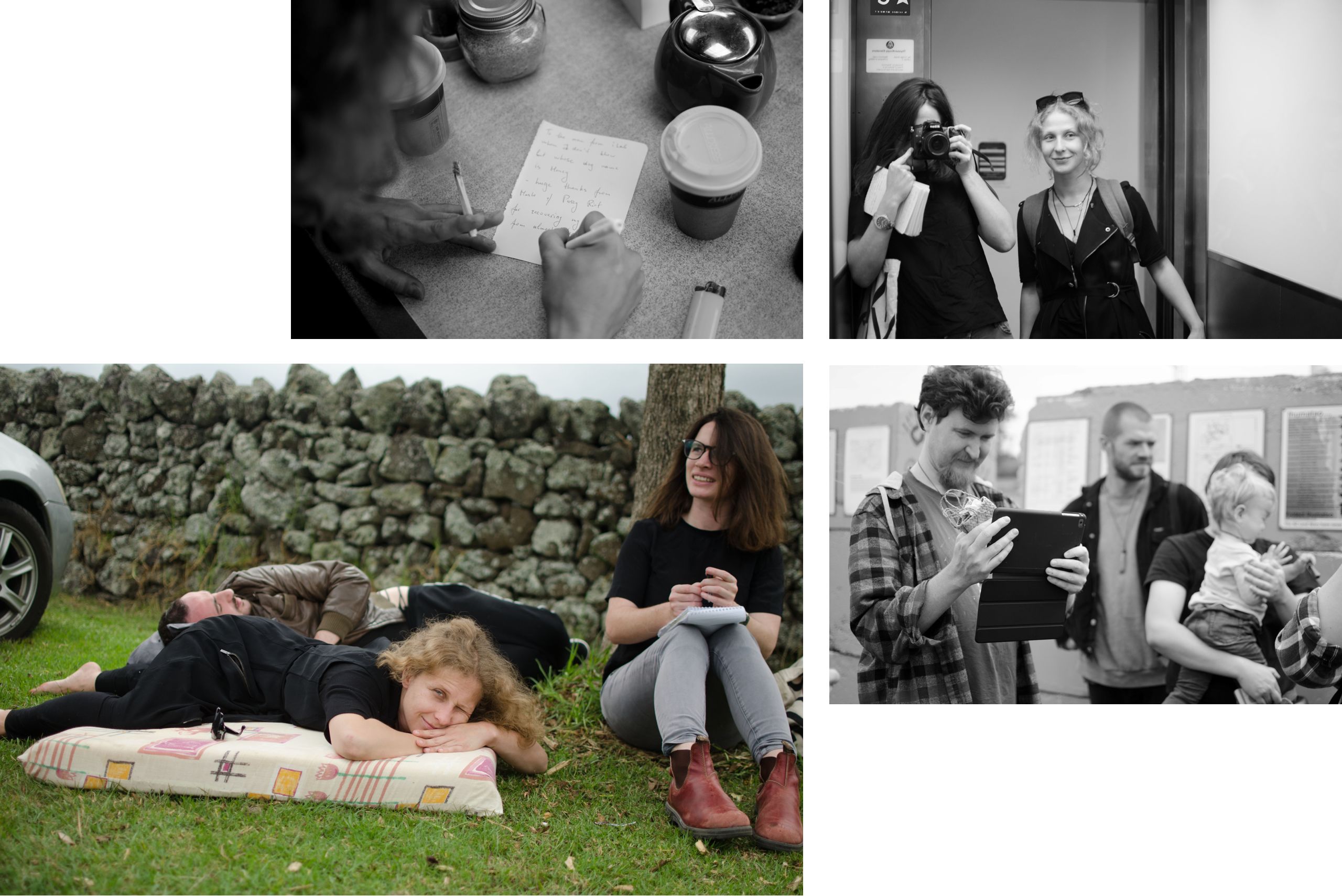 Clockwise from top: (1) Masha Alyokhina writes a thank you note to the man who fixed her phone in Auckland. (2) Amanda Saxton and Masha take a selfie in a lift. (3) Film maker Vasily, Kyrill Masheka, filmmaker Tasya and baby Una. (4) Masha, Dmitry, and Amanda at a stopover along the roadtrip.