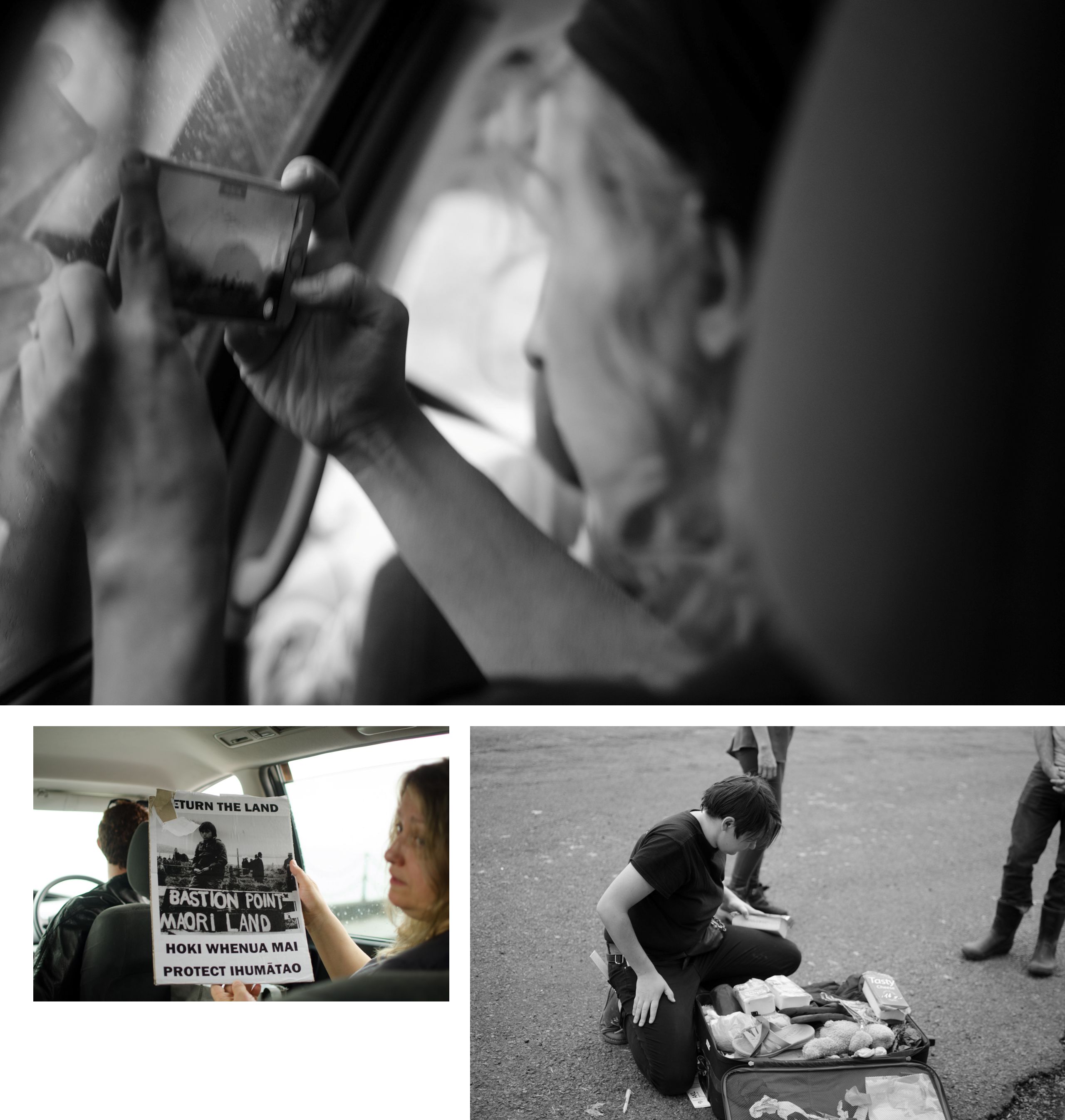 Clockwise from top: (1) Masha films scenery along the Lewis pass. (2) Filmmaker Tasya packs New Zealand cheese into her bag to take back to Russia. (3) A protest poster referencing the 1997 Bastion Point occupation, from the Ihumatao march in Wellington, joined us for the road trip. 