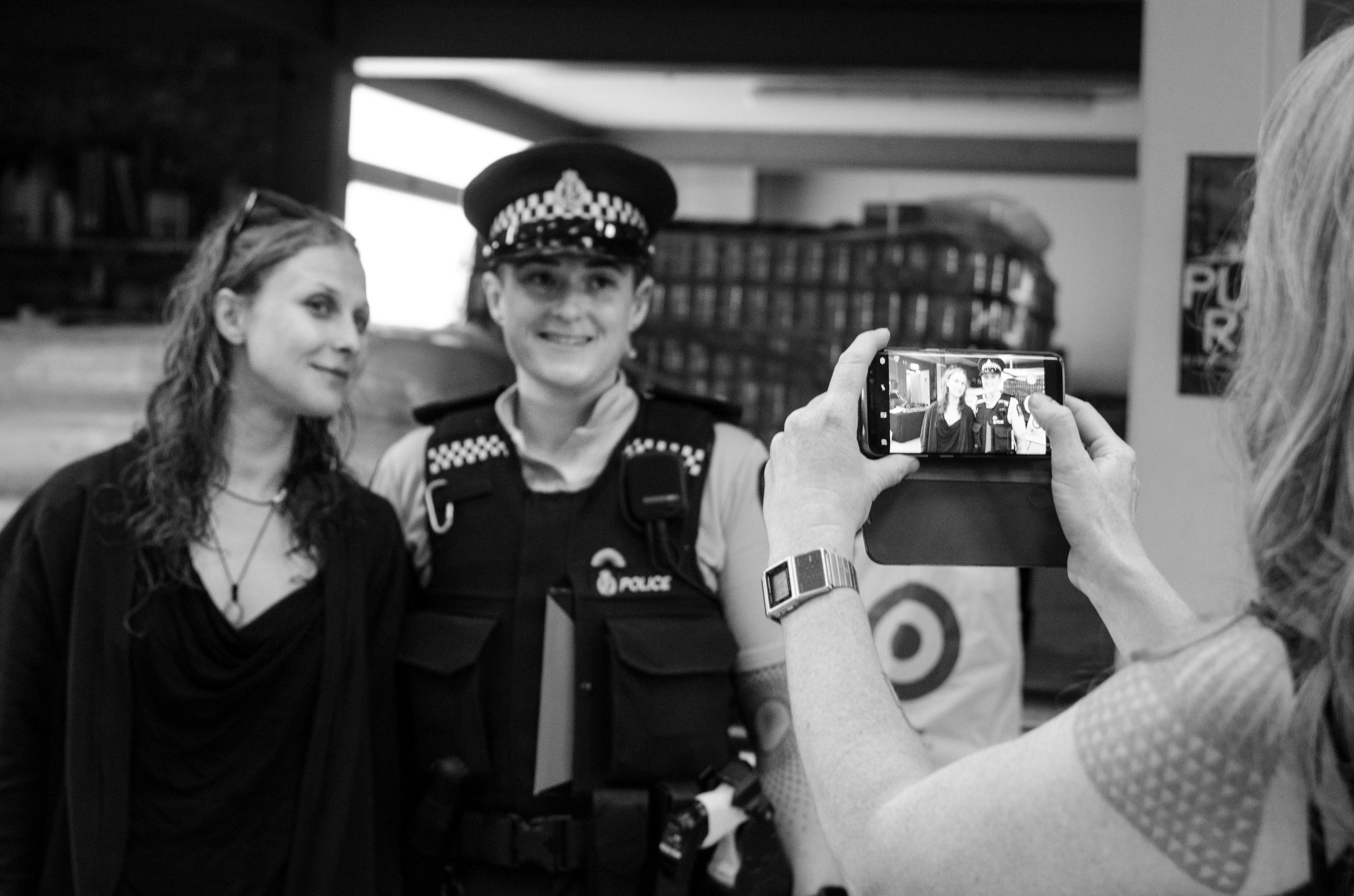 Masha Alyokhina and policewoman Pussy Riot fan constable Leanne Benjamin in Dunedin. 