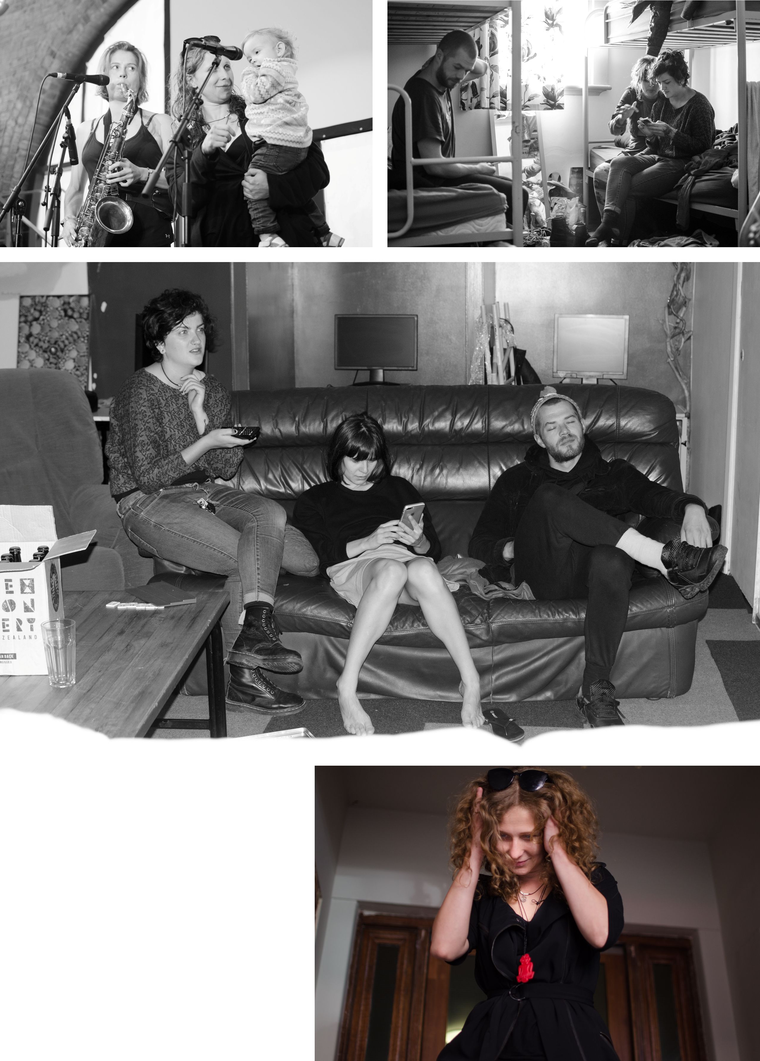 From top: (1) Nastya, Masha Alyokhina, and baby Una on stage during soundcheck in Dunedin. (2-4) The rioters at a Dunedin hostel.