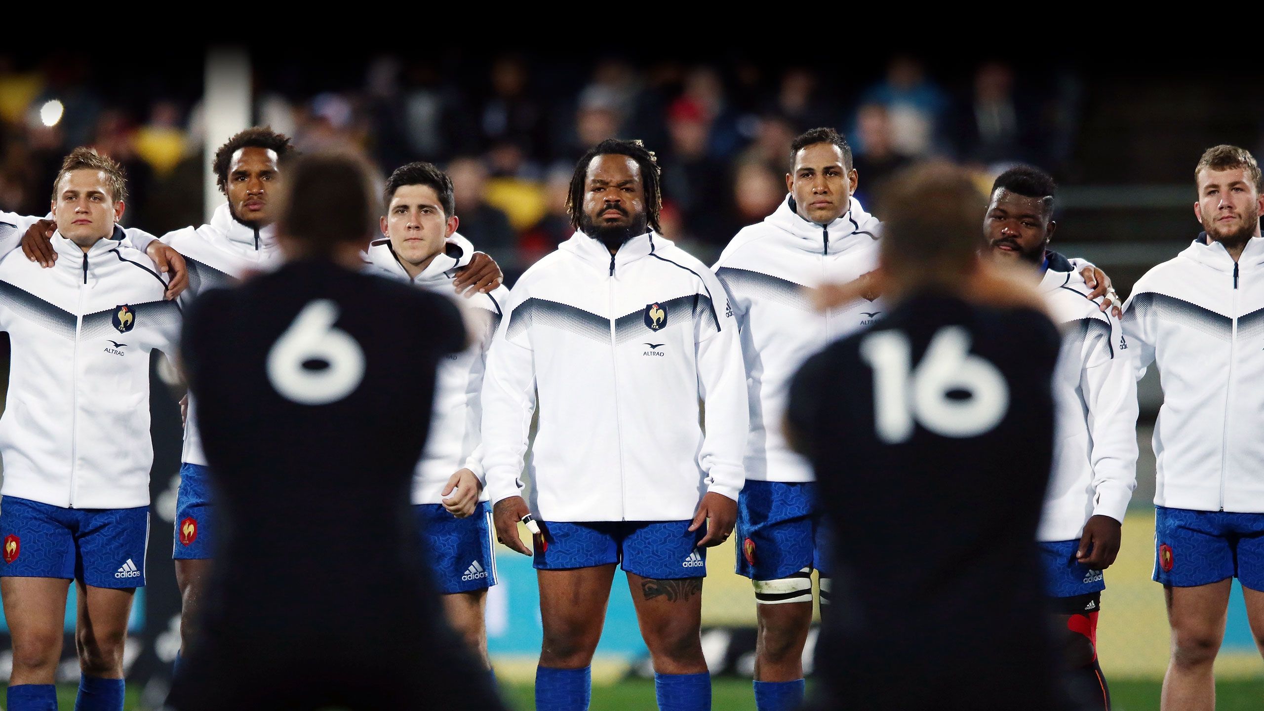 Mathieu Bastareaud of France stands and faces the haka during the International Test match between the New Zealand All Blacks and France at Westpac Stadium on June 16, 2018 in Wellington, New Zealand.