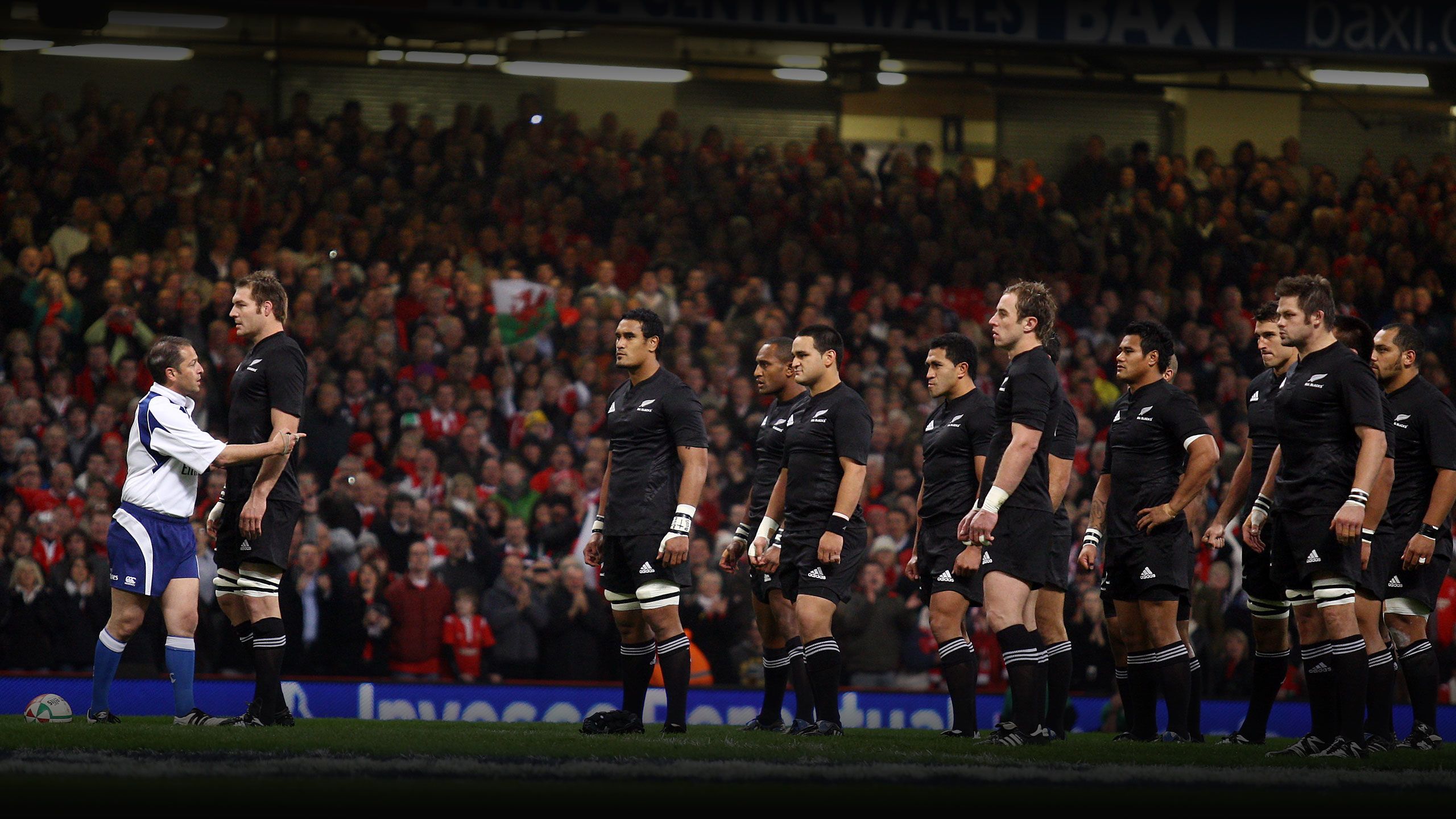 Wales v New Zealand in November, 2008, at the Millennium Stadium. Jonathan Kaplan tries to get the All Blacks to stop the stand off after the haka.