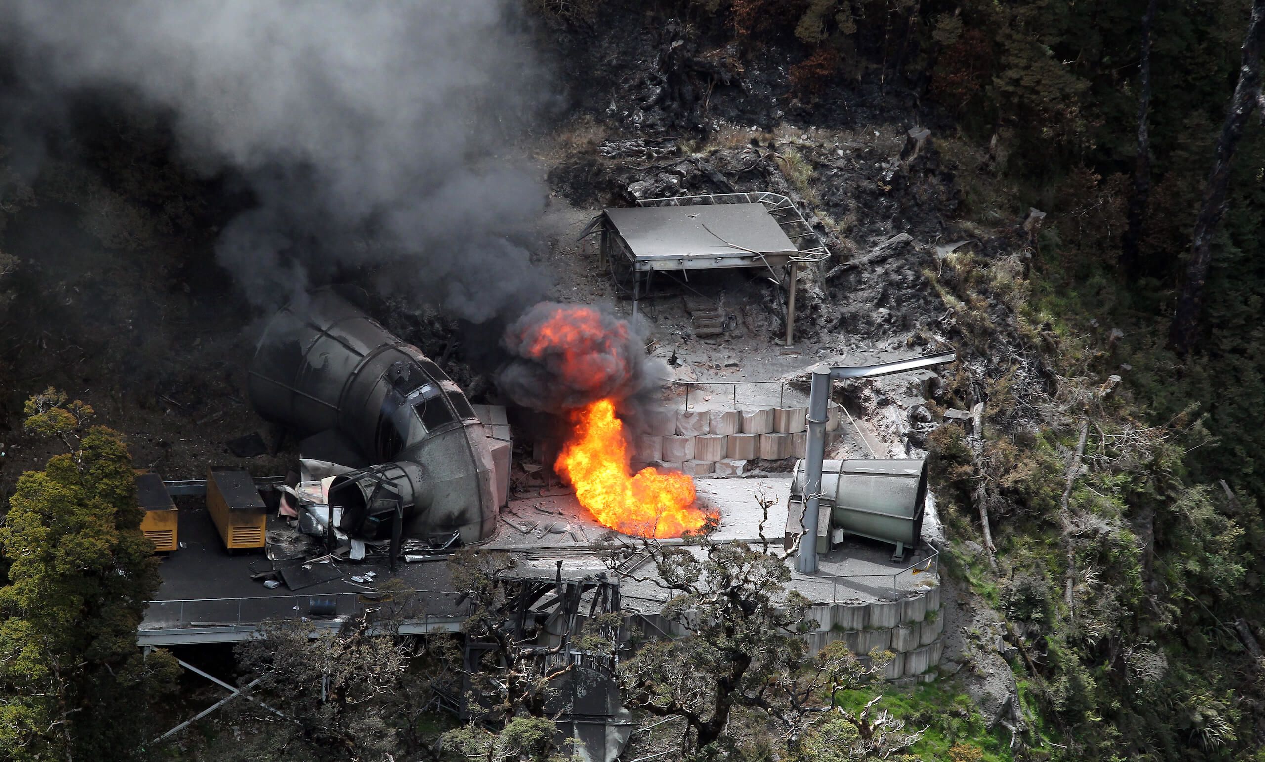 Flames coming out of a ventilation shaft at the Pike River Mine. Credit: Iain McGregor / Stuff
