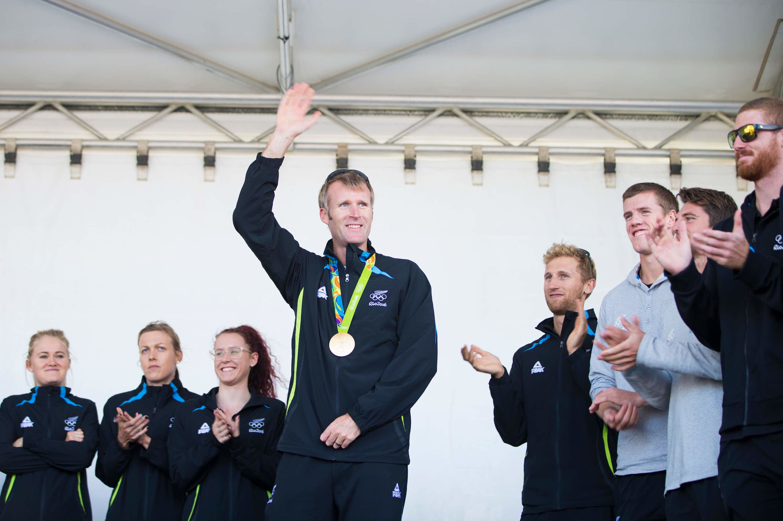 Olympic athletes paraded through crowds and fans at Victoria Square on Saturday. Fans were able to get up close to feel their medals and have autographs signed. Olympians then in participated tug of war. Mahe Drysdale (Men's single skulls). Credit: Christel Yardley / Stuff