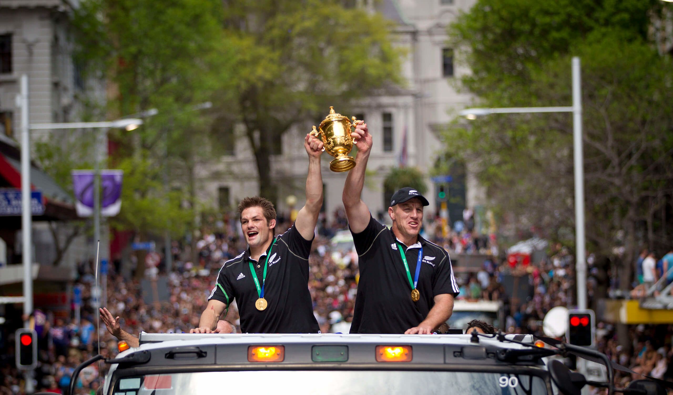 The All Blacks enjoy a parade up Auckland's Queen Street today celebrating their win over France in the final of the Rugby World Cup 2011 held in New Zealand. Richie McCaw and Brad Thorn pictured. Credit: Lawrence Smith / Stuff