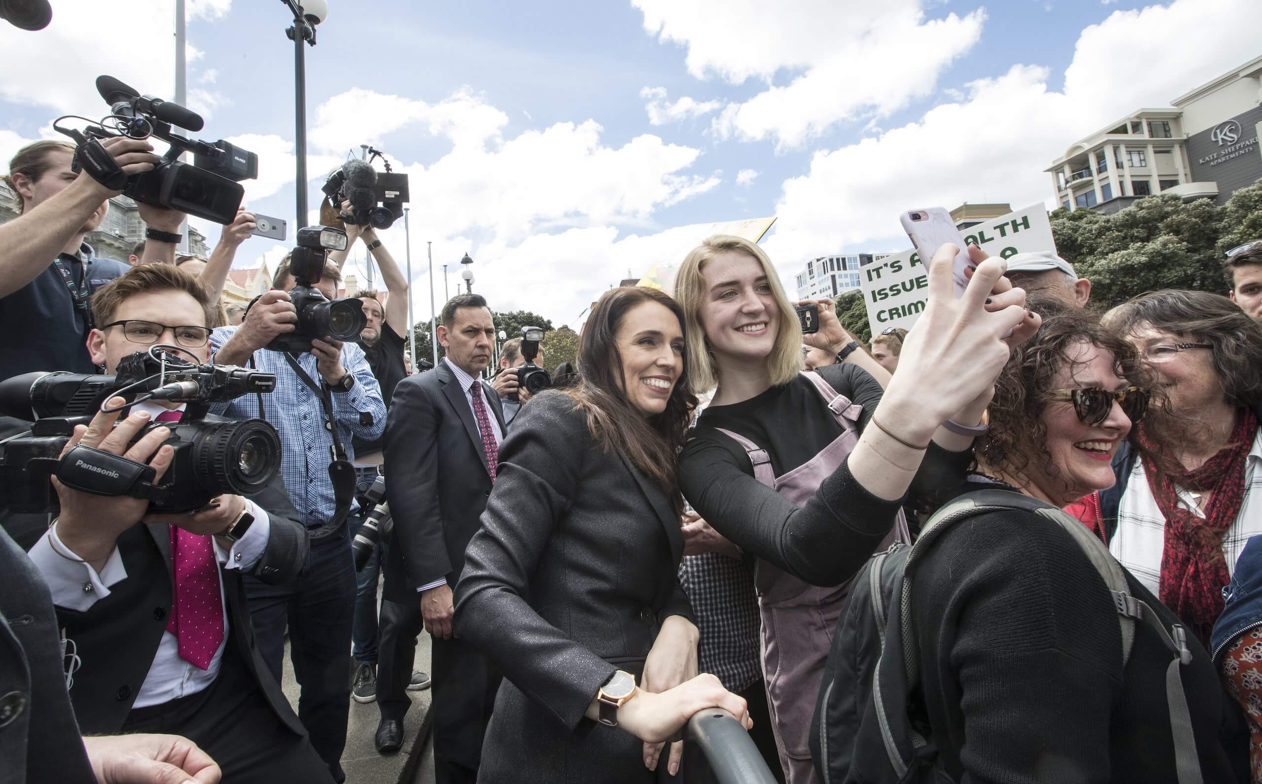 New Labour Government greeted by Labour supporters on Parliament grounds. Credit: Monique Ford / Stuff