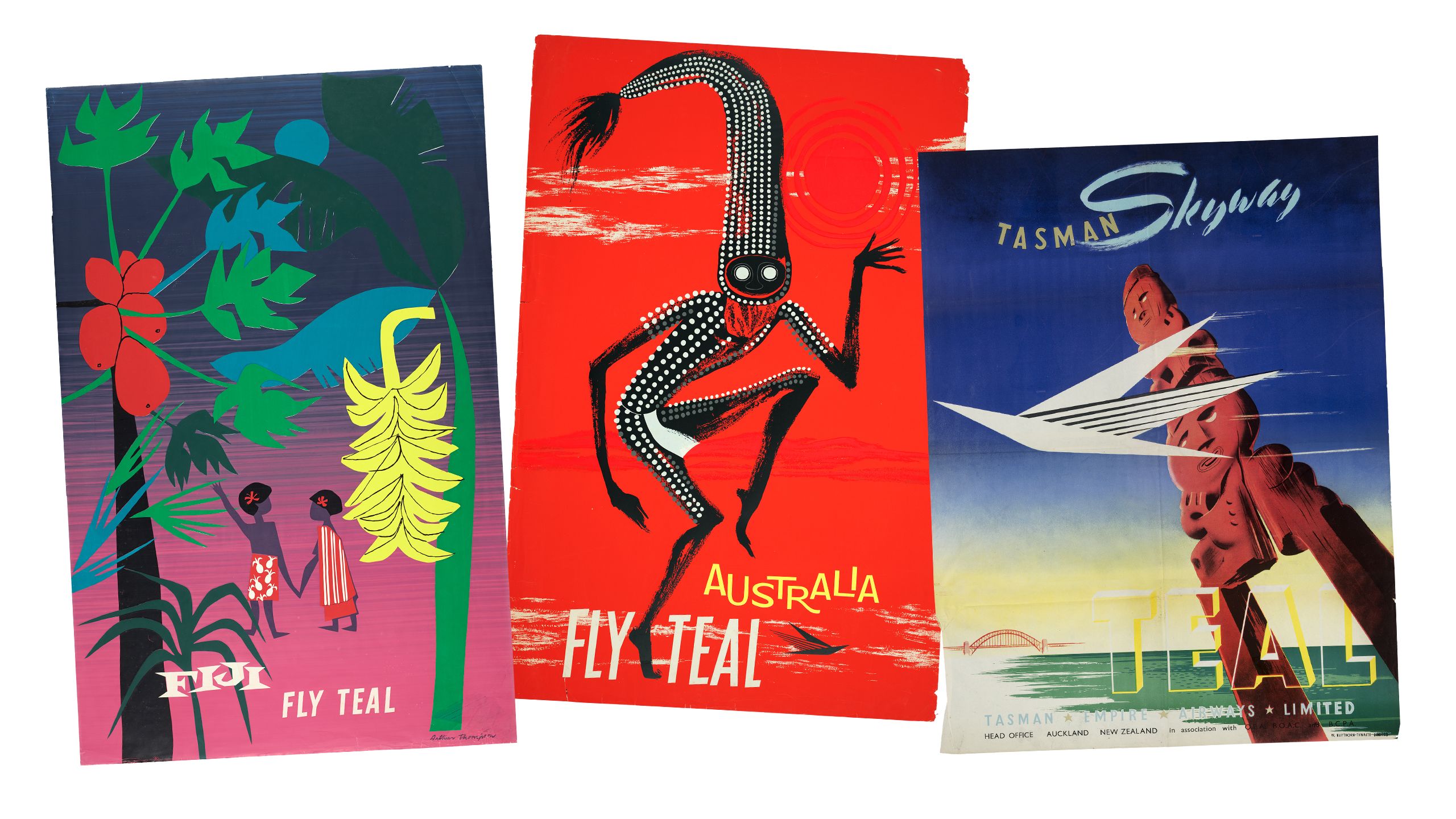 Teal poster Tasman - Māori pou whenua (carved long post) with bridge in the distance.