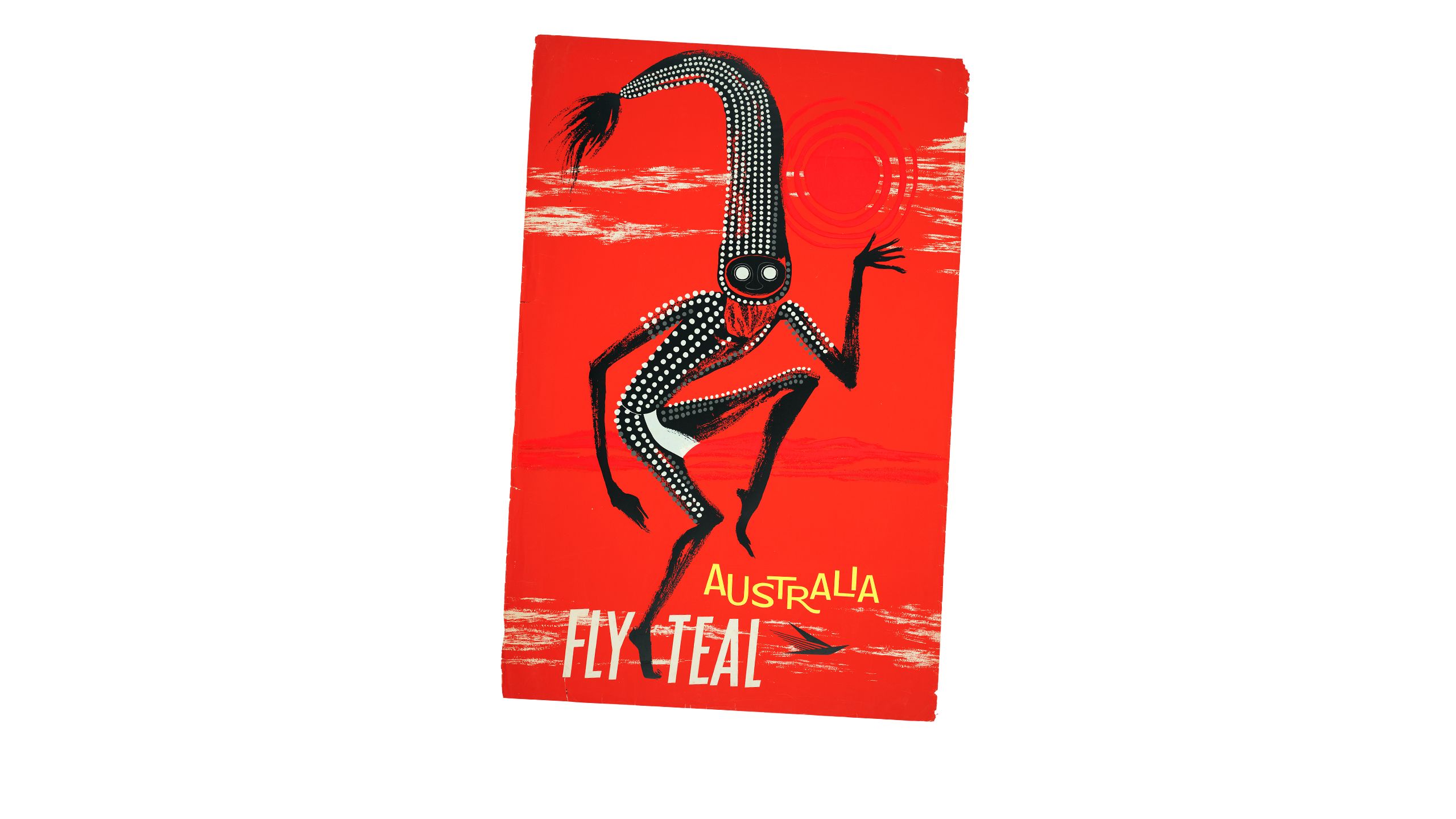 painting of an Fly Teal Australia poster with Aboriginal man.