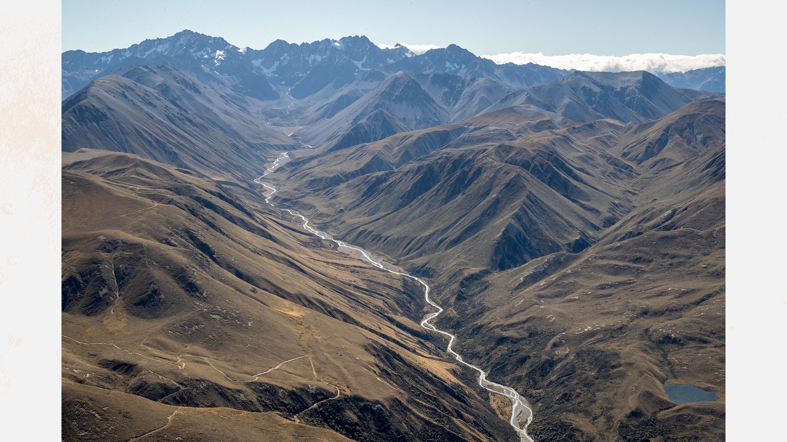 Lake Heron Station in Canterbury. River running downhill from the mountains range.