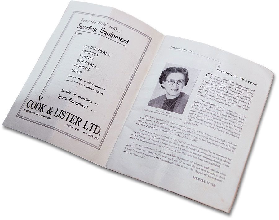 The programme from the 1948 Dominion Tournament, featuring Myrtle Muir’s welcome address.