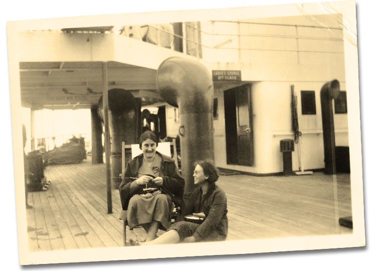 Myrtle Muir (right) sits on the deck of the Wanganella with another Silver Ferns official as the team embark on their first tour. PHOTO: SUPPLIED
