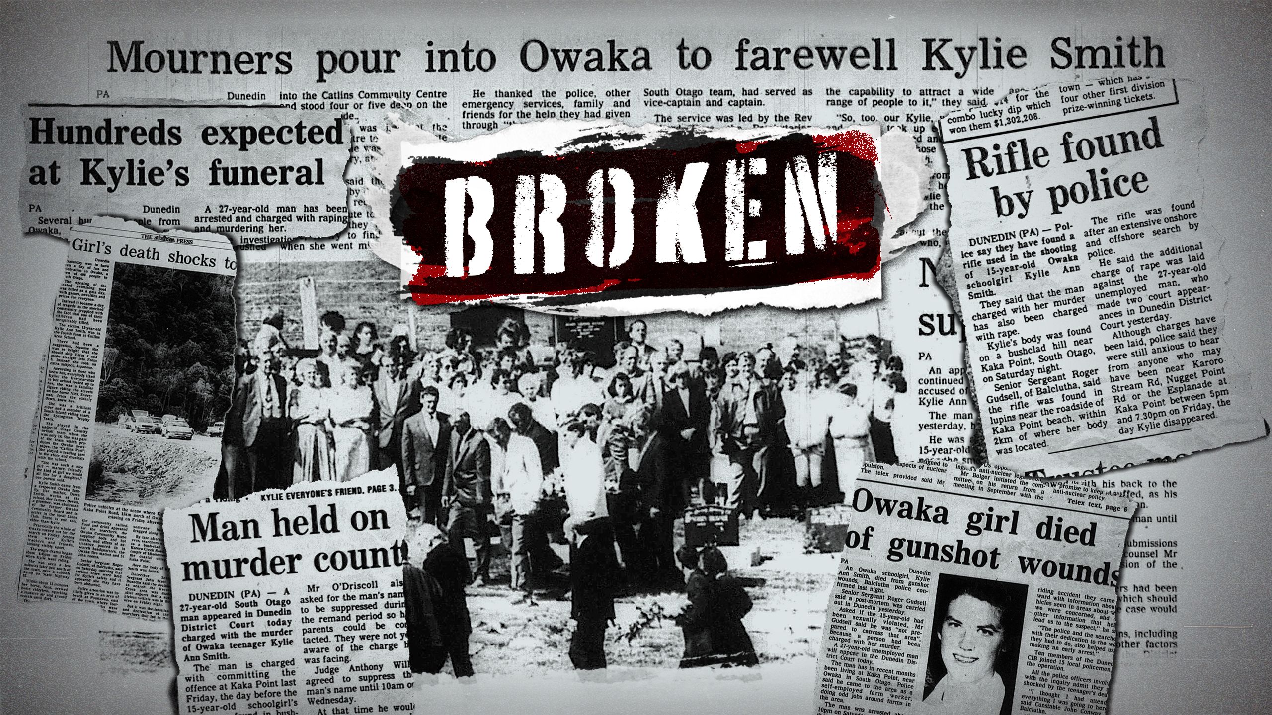 Title: BROKEN. An old black and white newspaper photograph taken at Kylie Smith's funeral. The community gather to morurn as Kyl'es coffin is carried to the grave by pallbearers.