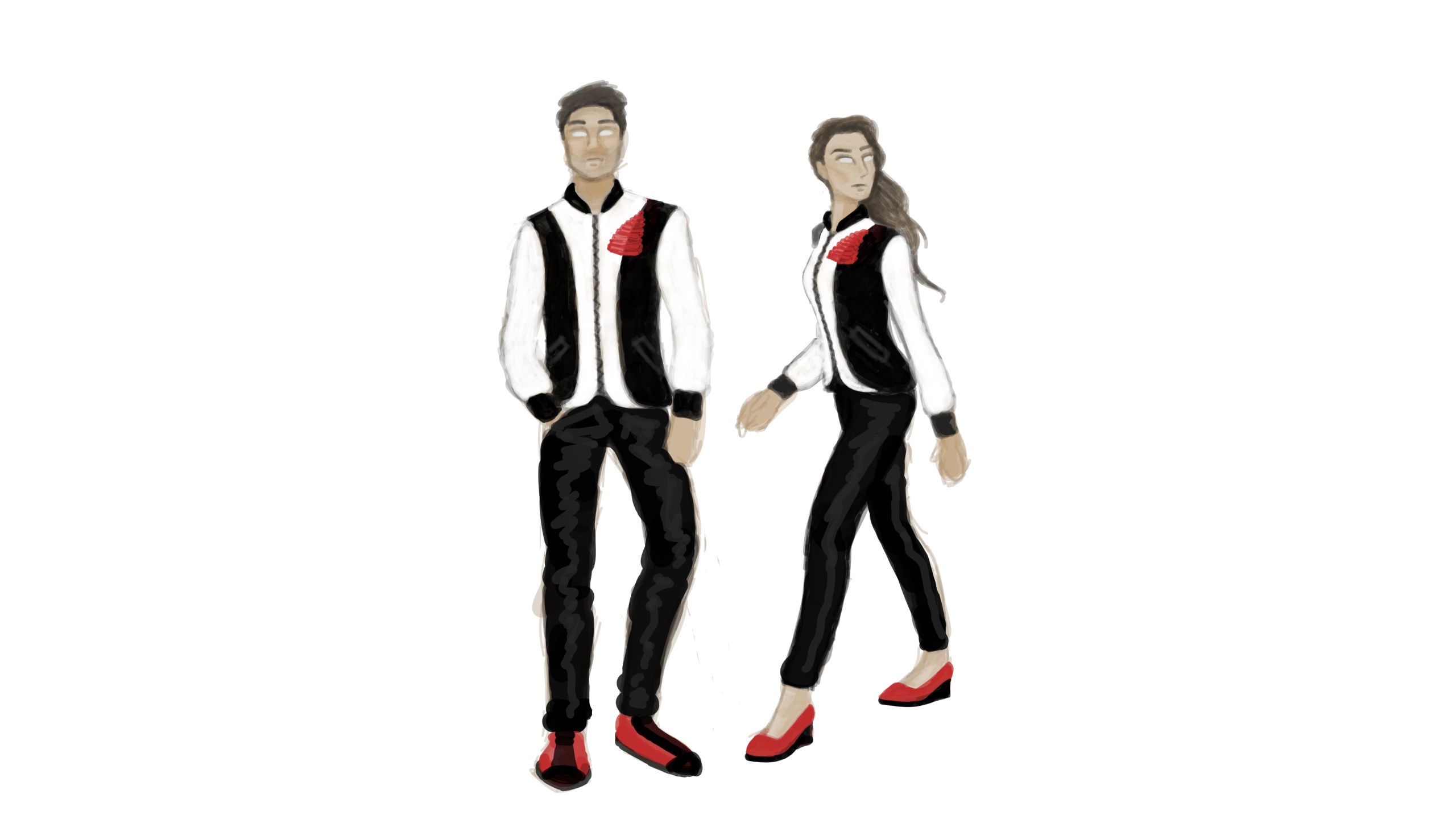 Drawing of athletes wearing black and white bomber-style jacket with a red fern design, black trousers, and red and black shoes.