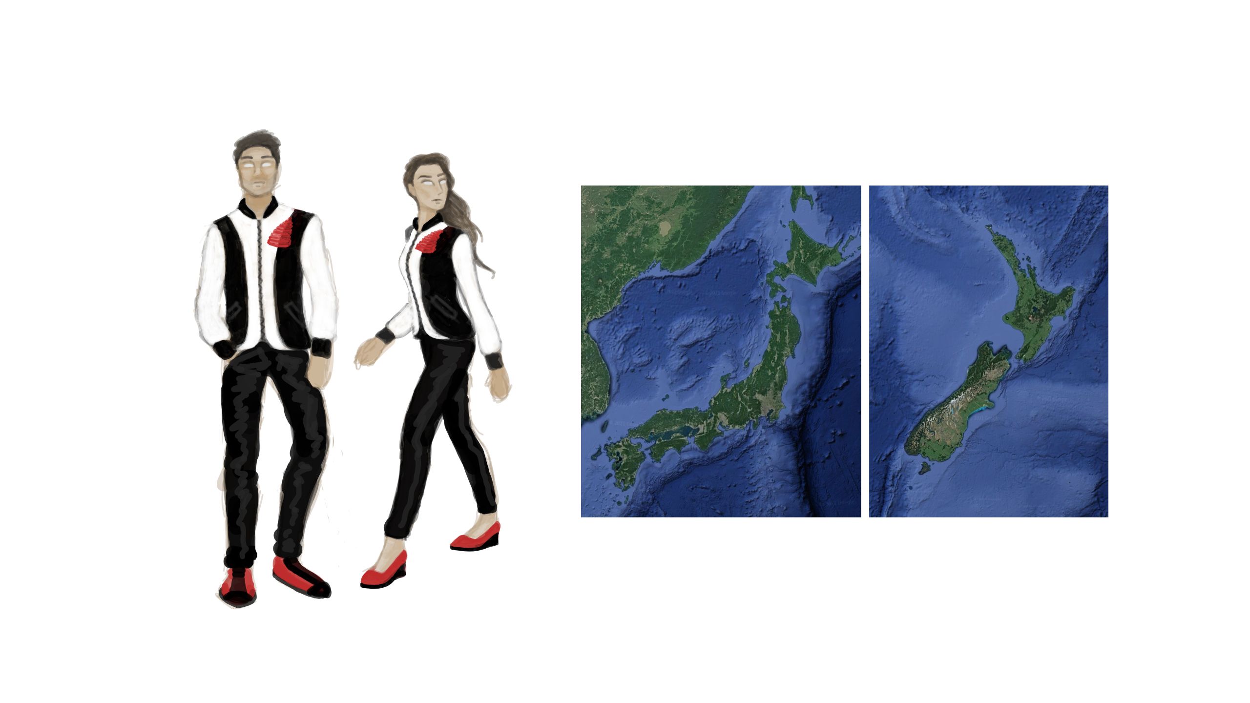 Satellite images of Japan and New Zealand show similarities in landmasses.