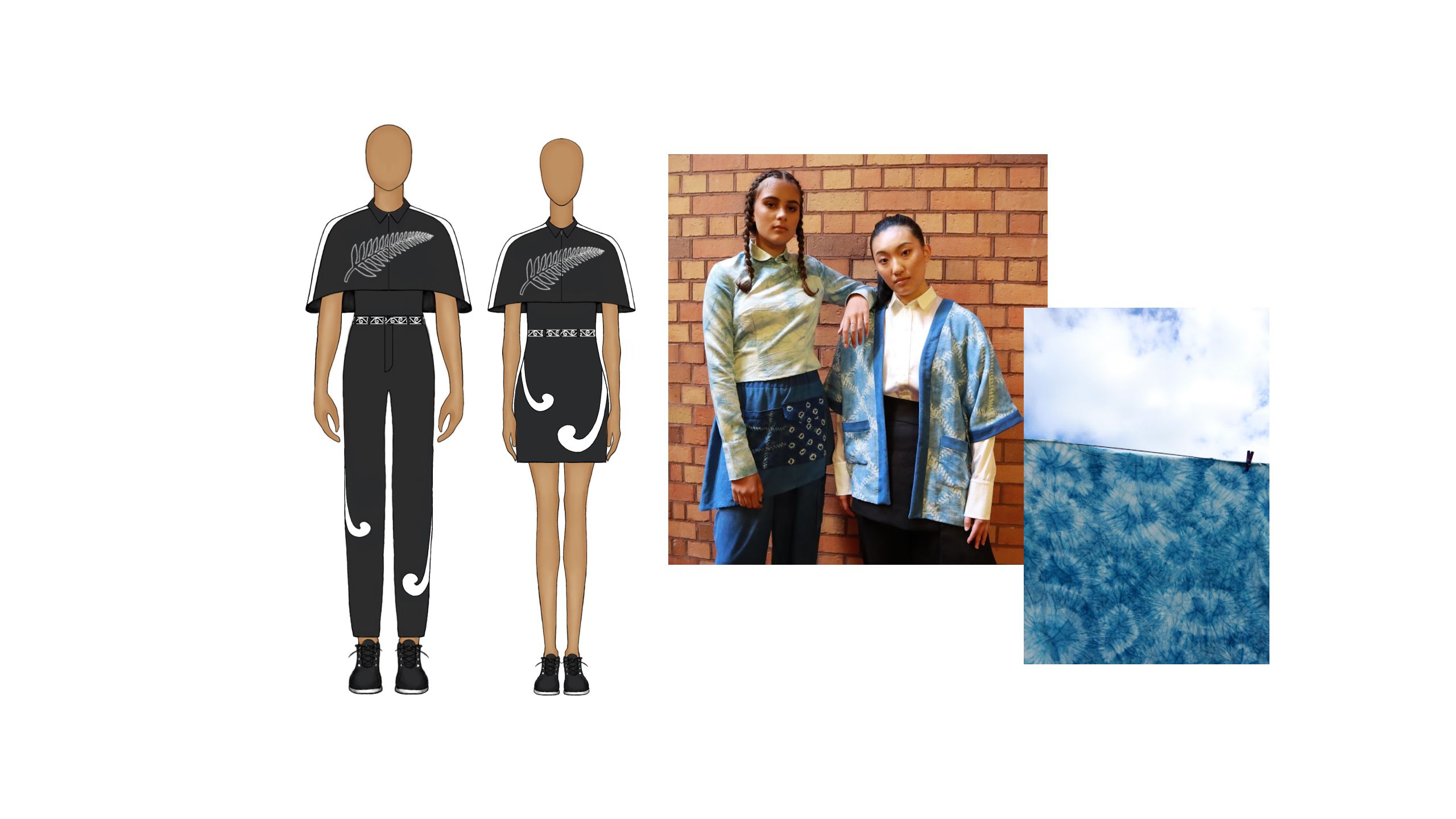 Male and female athletes wearing black uniforms. A cloak-style jacket displays a silver fern design. A belt features a kowhaiwhai pattern and the pants/skirt are decorated with koru.