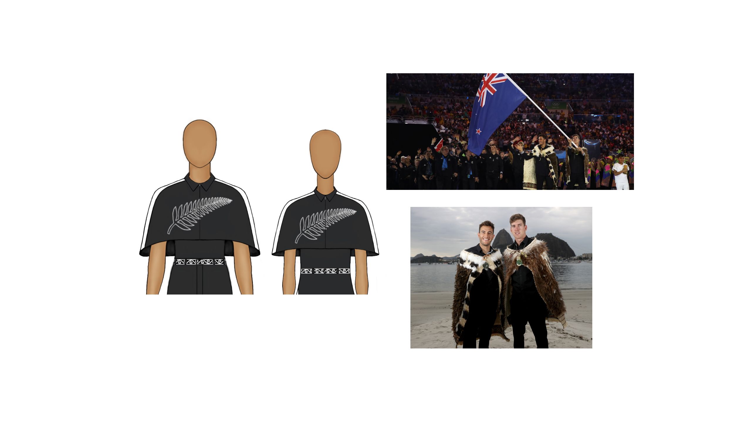 Close up of cloak jacket and the 2016 Rio Olympic flag bearers wearing kakahu.