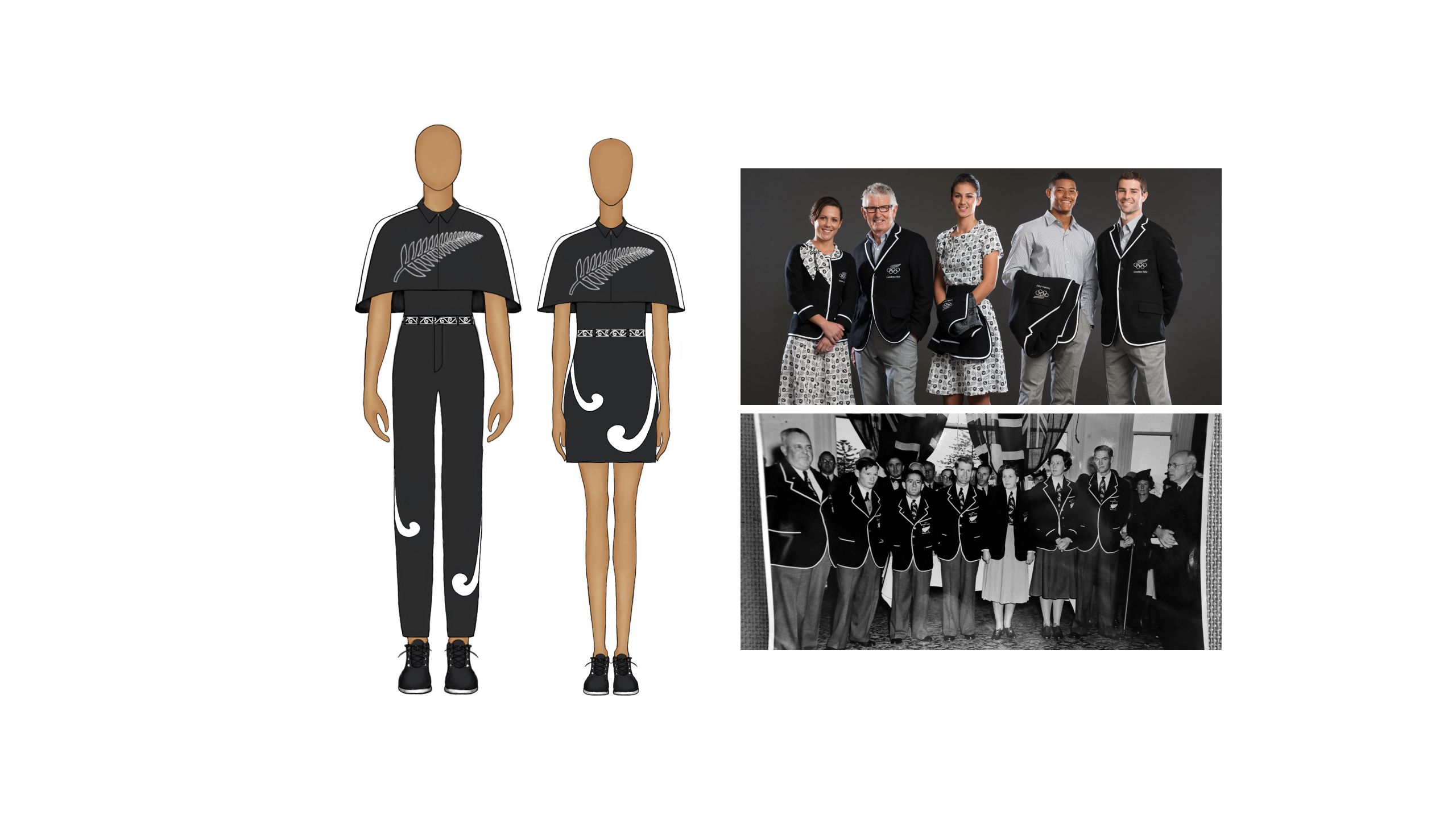 Full image of uniform designs next to photos of the 2012 London formal attire and the 1948 Olympic uniforms.