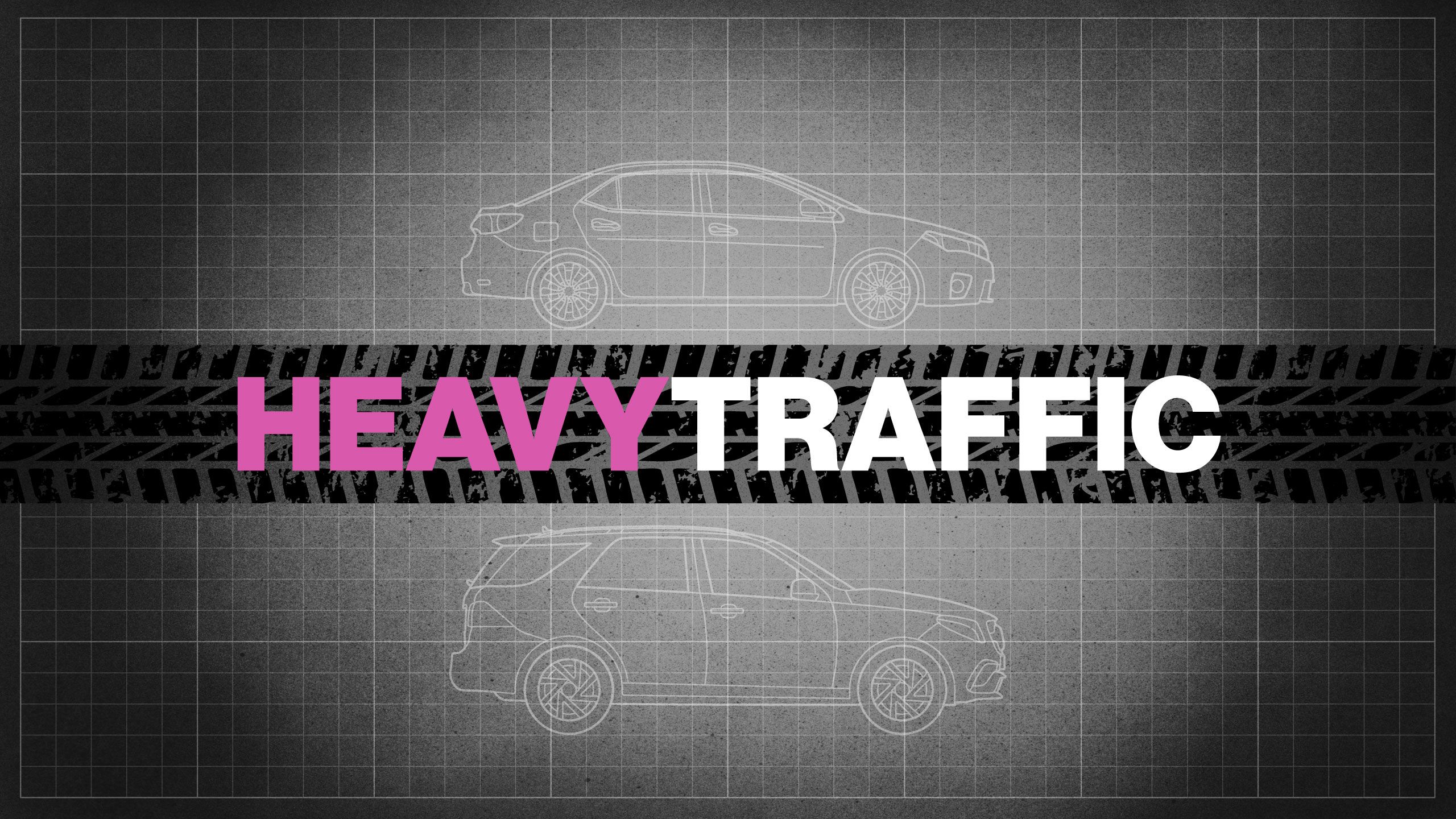 A title image featuring the words Heavy Traffic in large capital letters overlaid on a diagramatic drawing of two cars - one car is a sedan-style vehicle and the other is a larger, SUV-style car.