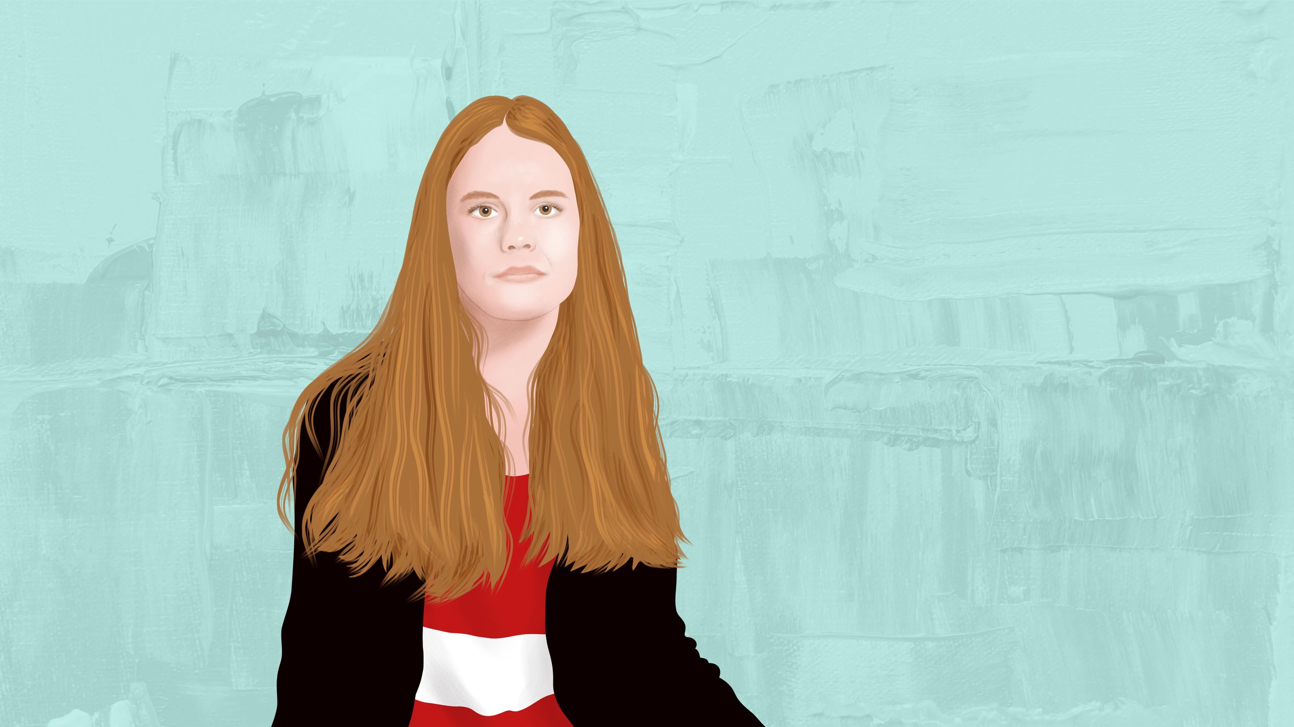 Illustration of Hattie Plant, young woman with long reddish-brown hair.