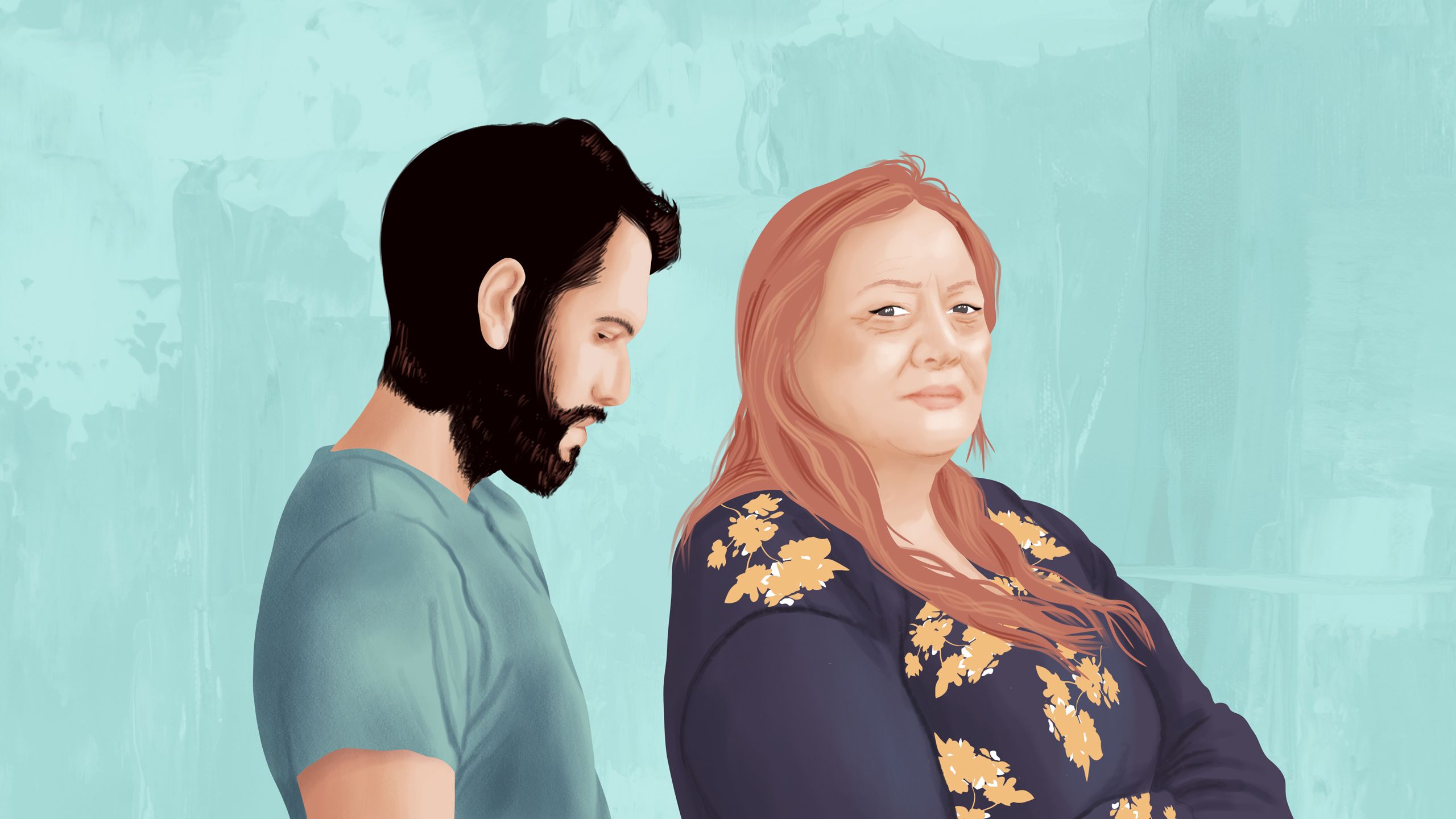 Illustration of a profile of Cameron looking down and dejected and his mother, Tania, looking stoic and straight to camera