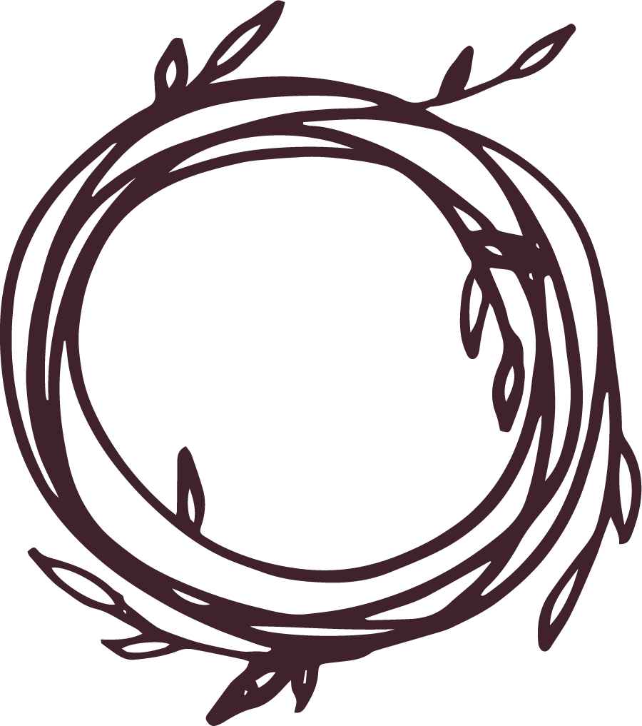 Chocolate brown, decorative, swirly wreath motif.