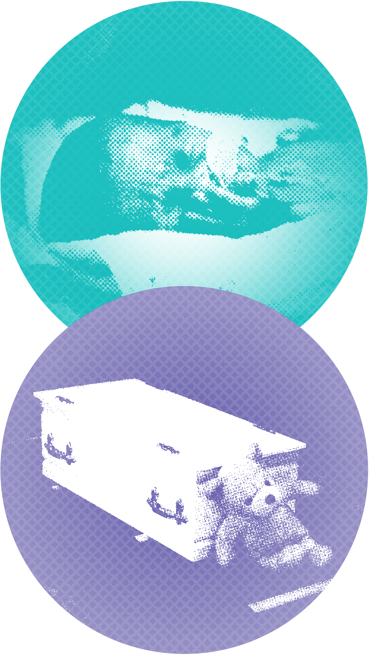 Posterised image of a baby coffin with a teddybear.