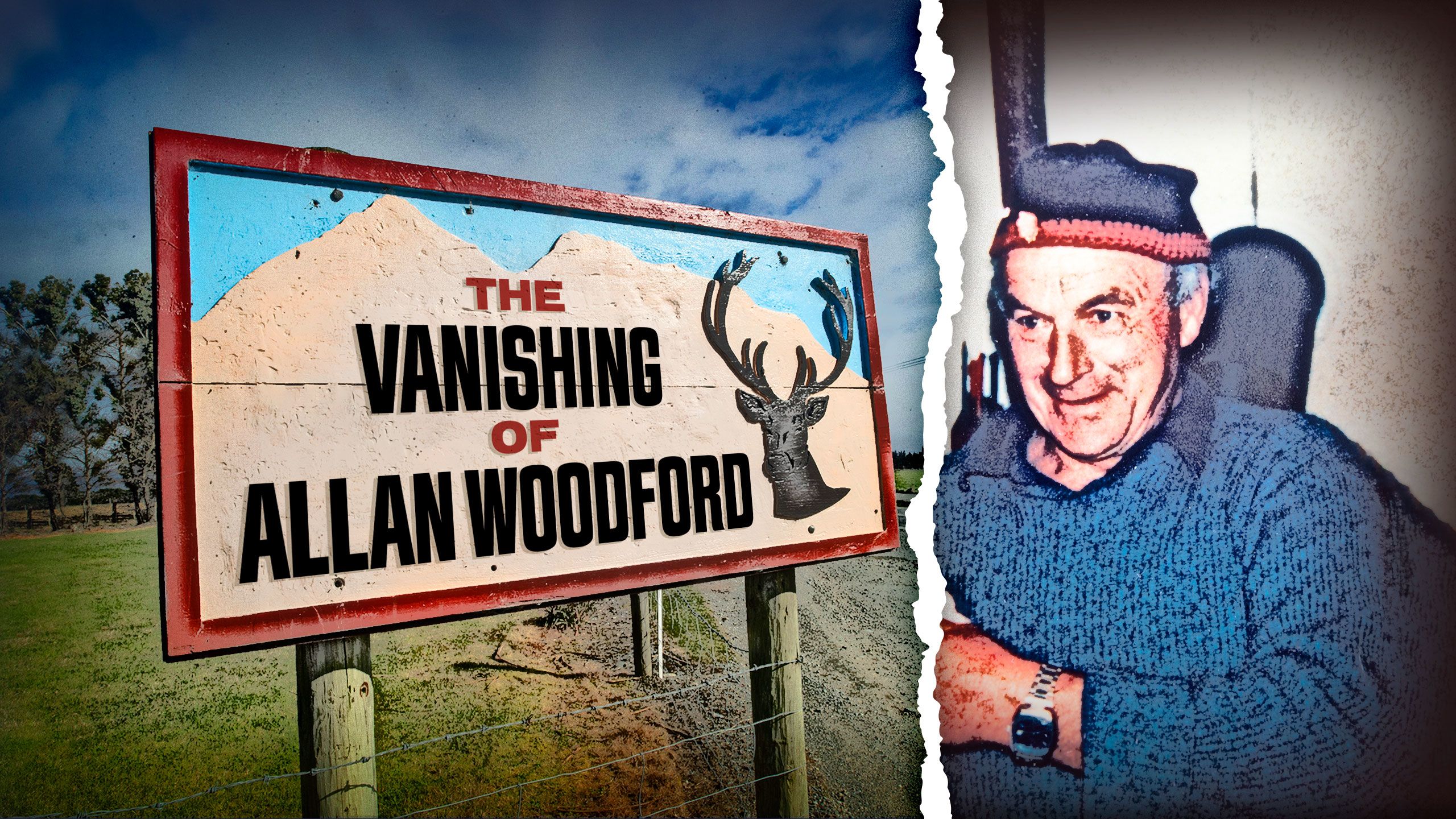 The Vanishing of Allan Woodford title image set up on a Mossburn road sign on the side of a road. There is a graphic, black silhouette of a stag's head on the right of the sign and the outline of hills in the background which are a beige colour. To the right of the sign, is a photo of Allan Woodford (separated by a white newspaper-style tear) before he went missing. He wears a blue, woollen beanie hat which has a red trim and a a blue, knitted jumper. He is smiling looking slightly down to the left.