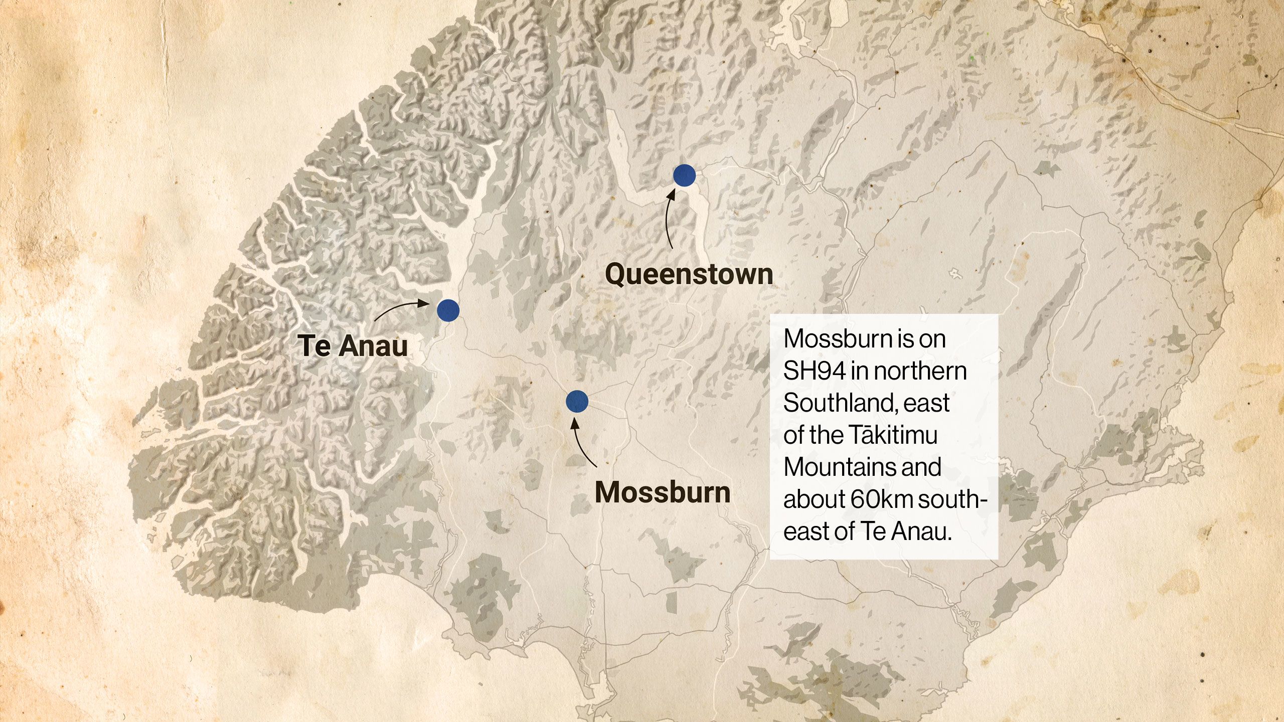 The same map is shown and a caption set up on a white box fades onto the map saying 'Mossburn is on SH94 in northern Southland, east of the Tākitimu Mountains and about 60km southeast of Te Anau'.