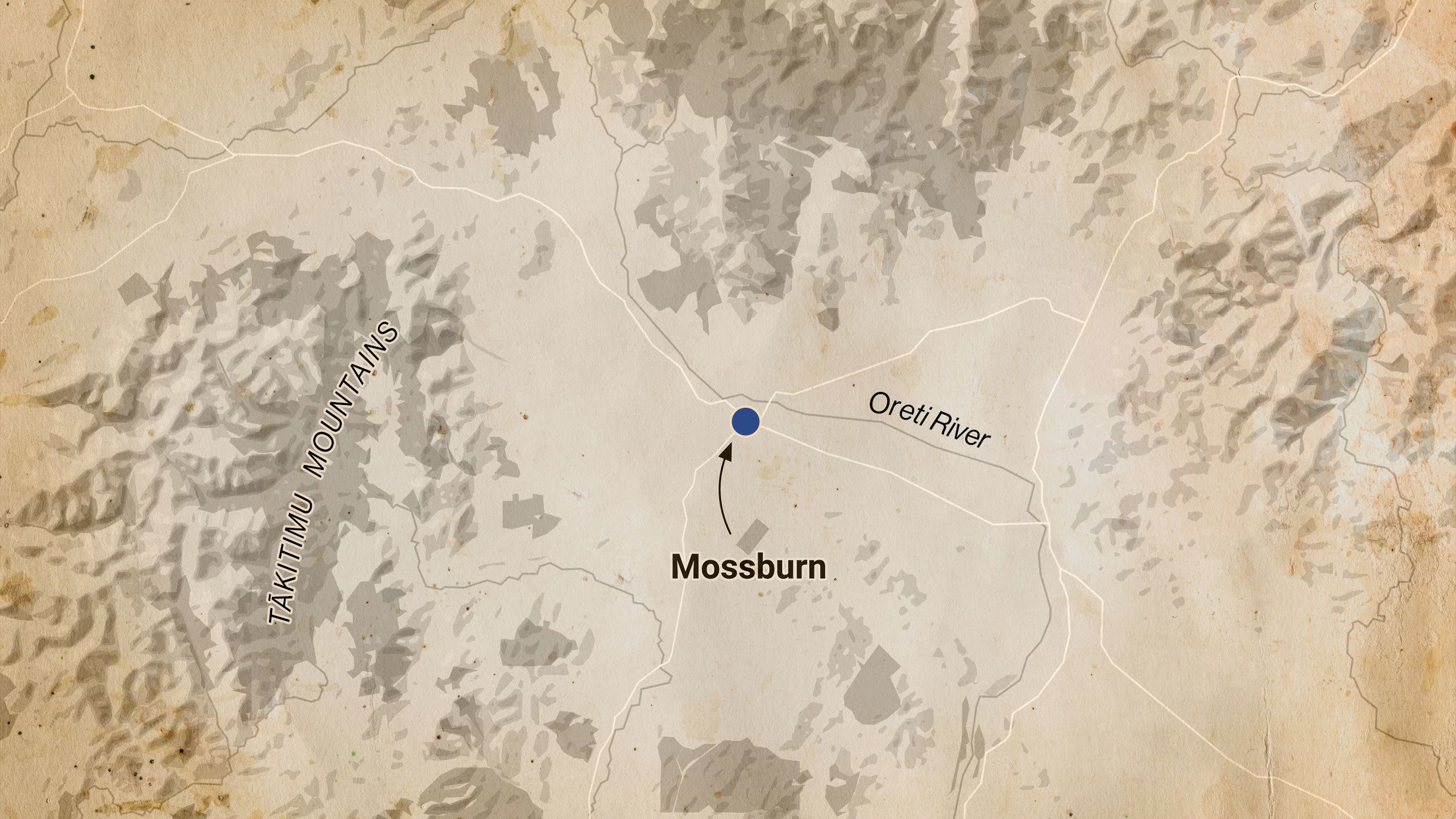 Another sepia-toned map showing a closer, zoomed-in view of Mossburn and the surrounding area, including the Tākitimu Mountain range to the east and the Oreti River which meanders past Mossburn and through the region.