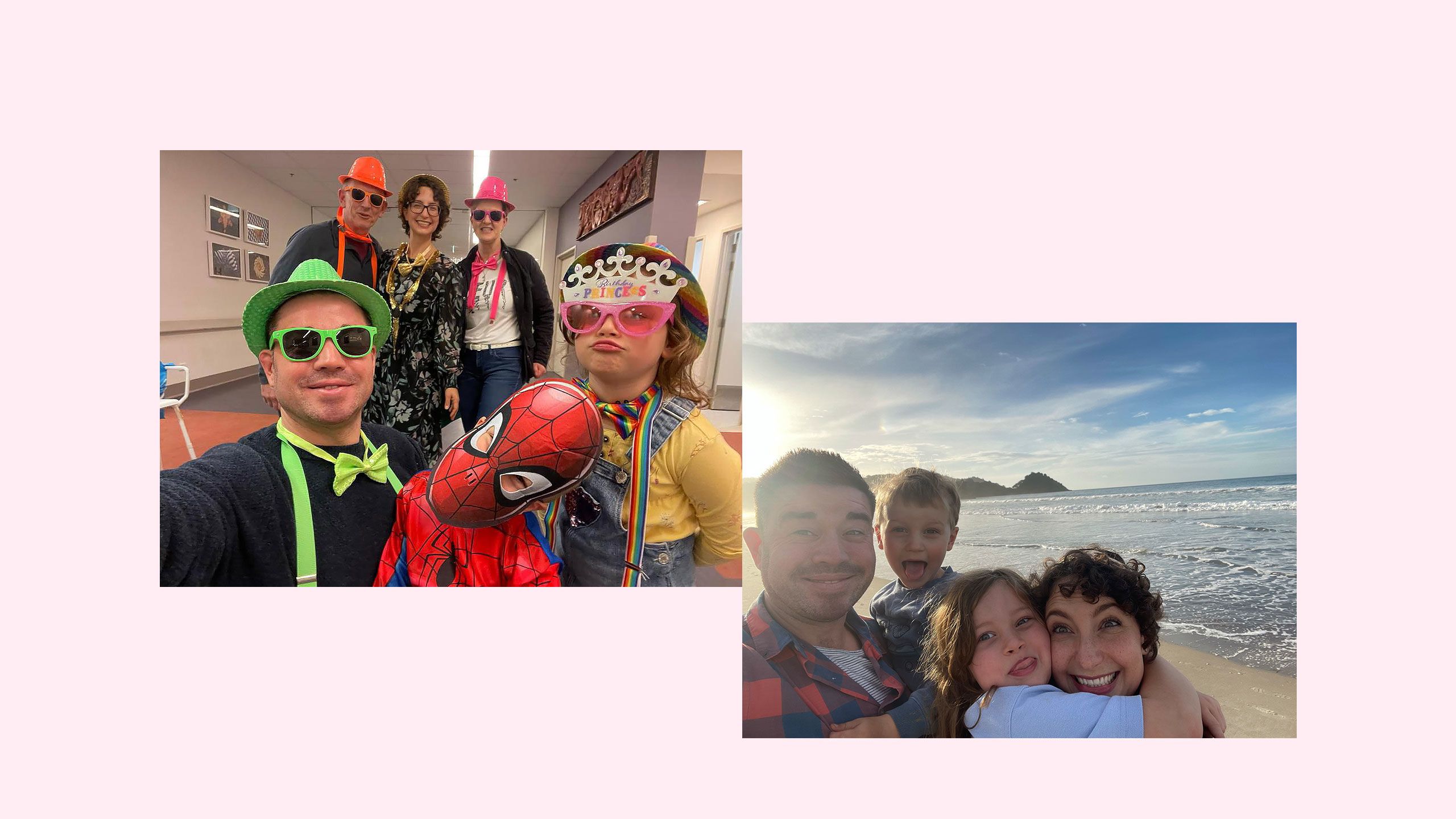 Antony, Alfie, Evangeline and Lauren are at the beach. The kids are poking their tongues out, while their mum and dad are smiling.