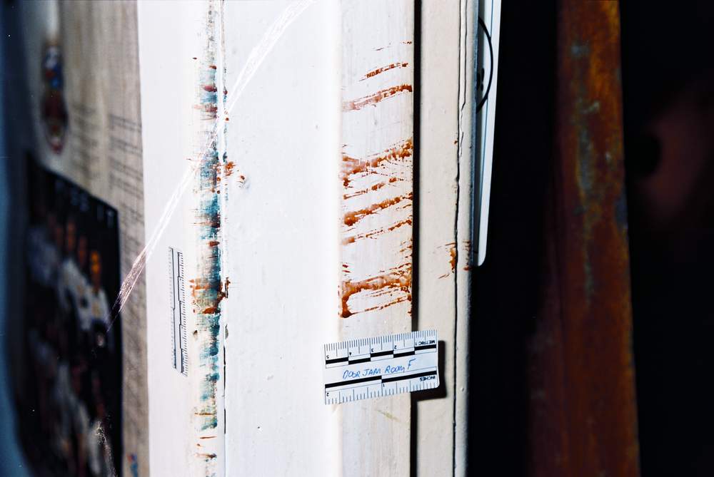 As the killer went around the house, he left blood stains. As the killer went around the house, he left blood stains.